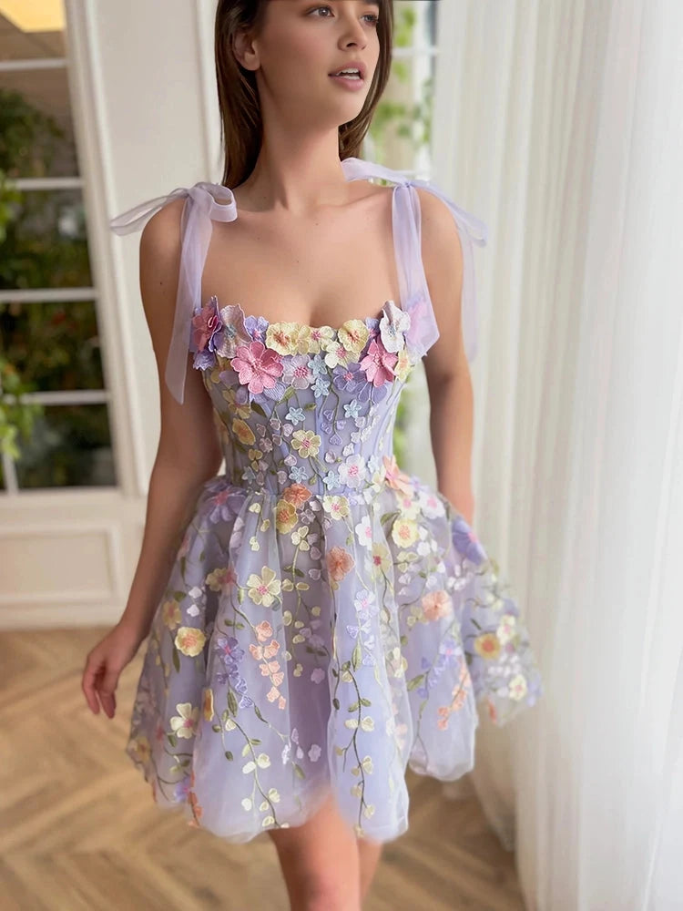 Aimishang Charming A-Line Straps Sleeveless Floral Embroidered Tulle Short Homecoming Party Dress