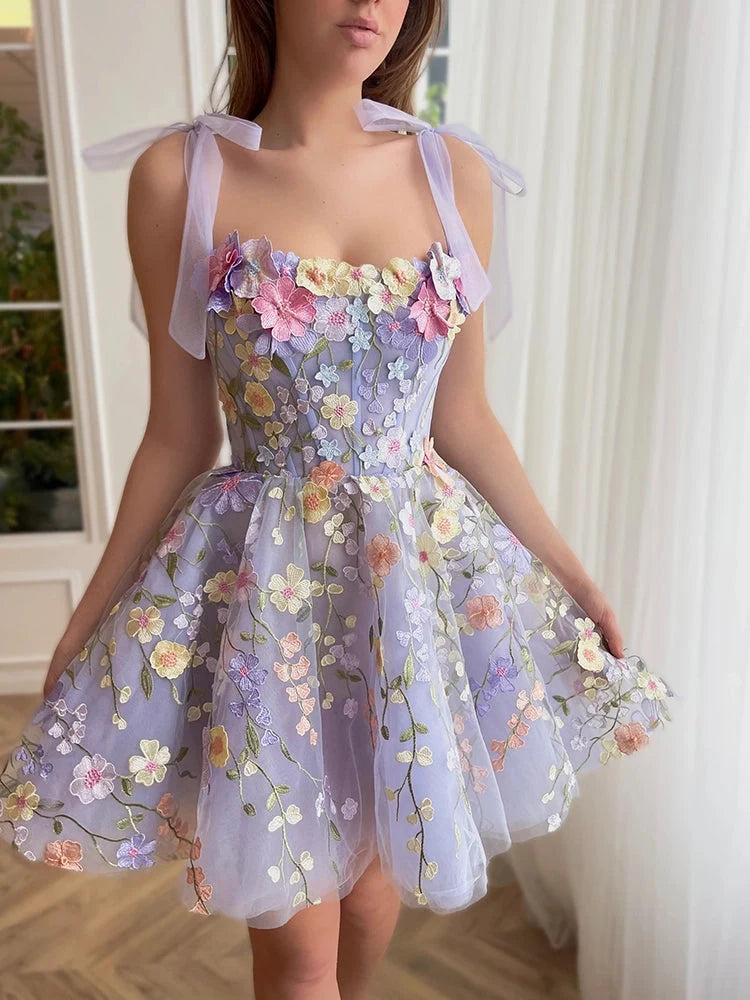 Aimishang Charming A-Line Straps Sleeveless Floral Embroidered Tulle Short Homecoming Party Dress