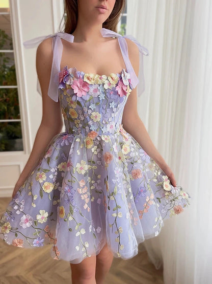 Aimishang Charming A-Line Straps Sleeveless Floral Embroidered Tulle Short Homecoming Party Dress