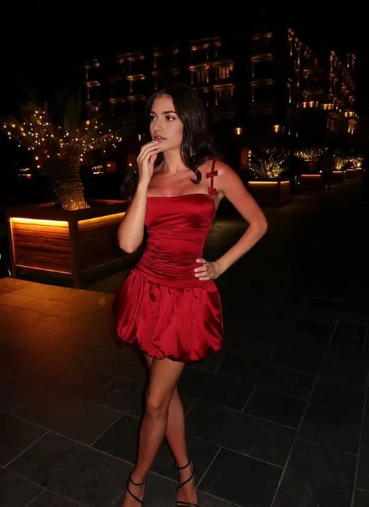 Aimishang Charming A-Line Straps Sleeveless Satin Short Graduation Party Dress Cute Homecoming Dress With Bow