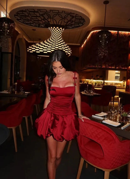 Aimishang Charming A-Line Straps Sleeveless Satin Short Graduation Party Dress Cute Homecoming Dress With Bow