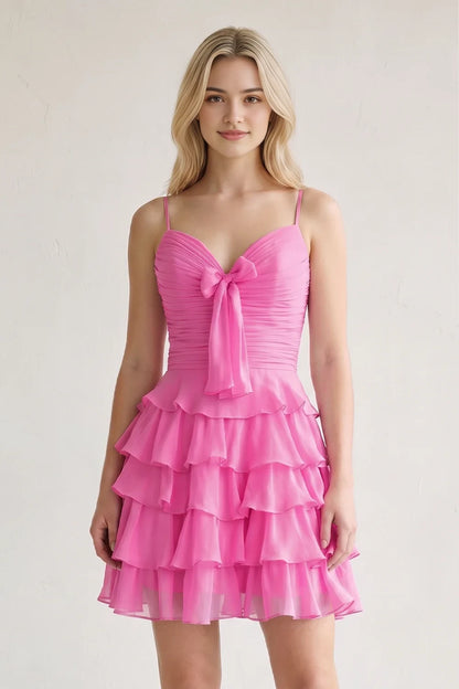 Aimishang Charming A-Line Sweetheart Sleeveless Ruffled Tiered Chiffon Short Homecoming Dress with Bow Detail