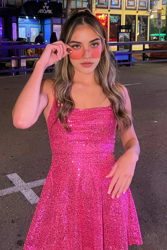 Aimishang Charming A-line Spaghetti Straps Sequin Homecoming Dress Sparkly Graduation Dress Fashion Birthday Party Dress Mini Dress