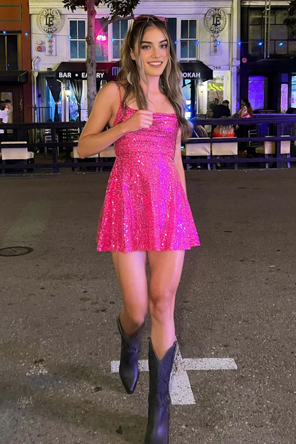 Aimishang Charming A-line Spaghetti Straps Sequin Homecoming Dress Sparkly Graduation Dress Fashion Birthday Party Dress Mini Dress
