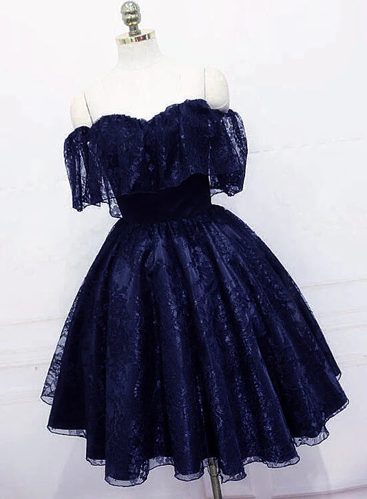 Aimishang Charming A Line Blue Lace Off Shoulder Short Formal Prom Dress Elegant Homecoming Dress