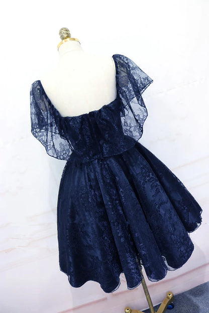 Aimishang Charming A Line Blue Lace Off Shoulder Short Formal Prom Dress Elegant Homecoming Dress