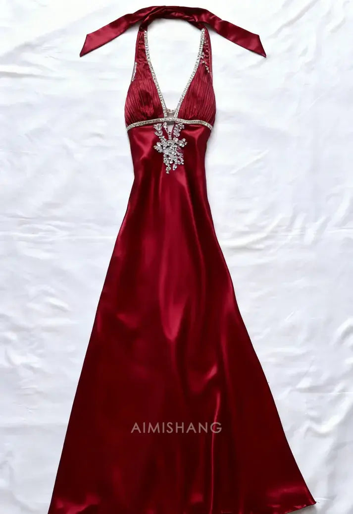 Aimishang Charming A Line Halter Satin Beads Long Formal Prom Dress Elegant Party Evening Gown Vintage Wedding Guest Dress