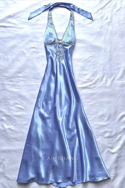 Aimishang Charming A Line Halter Satin Beads Long Formal Prom Dress Elegant Party Evening Gown Vintage Wedding Guest Dress