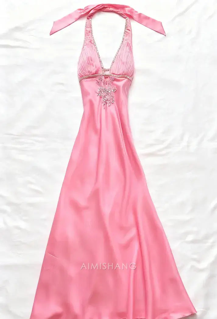 Aimishang Charming A Line Halter Satin Beads Long Formal Prom Dress Elegant Party Evening Gown Vintage Wedding Guest Dress