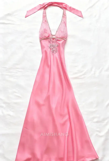 Aimishang Charming A Line Halter Satin Beads Long Formal Prom Dress Elegant Party Evening Gown Vintage Wedding Guest Dress