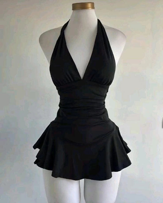 Aimishang Charming A Line Halter V Neck Black Sleeveless Summer Short Graduation Party Dress Simple Homecoming Dress