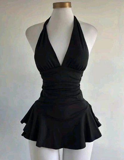 Aimishang Charming A Line Halter V Neck Black Sleeveless Summer Short Graduation Party Dress Simple Homecoming Dress