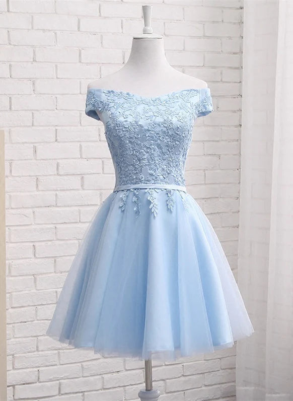 Aimishang Charming A Line Light Blue Off Shoulder Lace-up Short Formal Prom Dress Elegant Homecoming Dress with Appliques