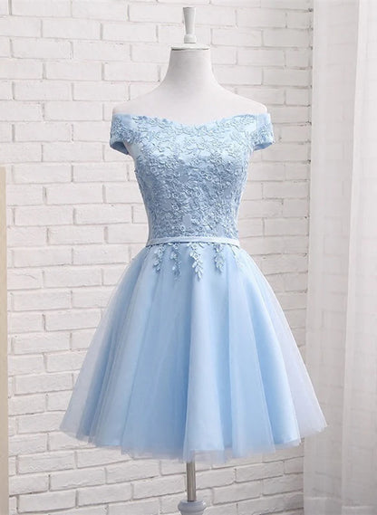 Aimishang Charming A Line Light Blue Off Shoulder Lace-up Short Formal Prom Dress Elegant Homecoming Dress with Appliques