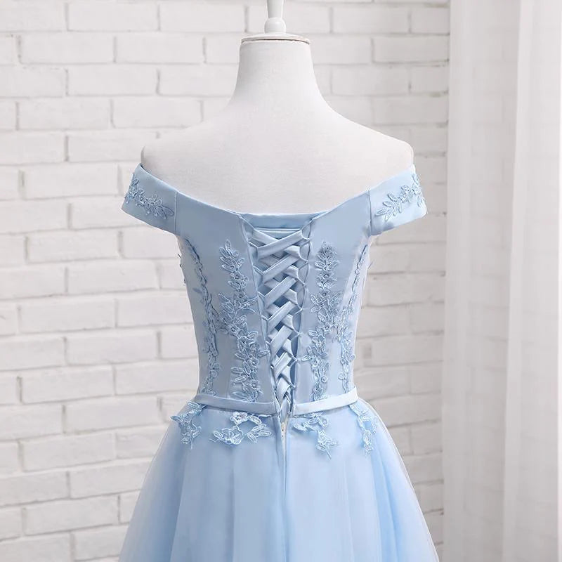 Aimishang Charming A Line Light Blue Off Shoulder Lace-up Short Formal Prom Dress Elegant Homecoming Dress with Appliques