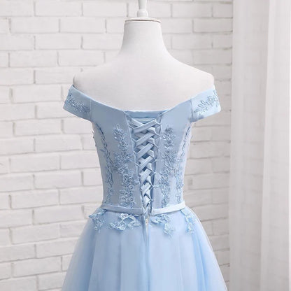 Aimishang Charming A Line Light Blue Off Shoulder Lace-up Short Formal Prom Dress Elegant Homecoming Dress with Appliques