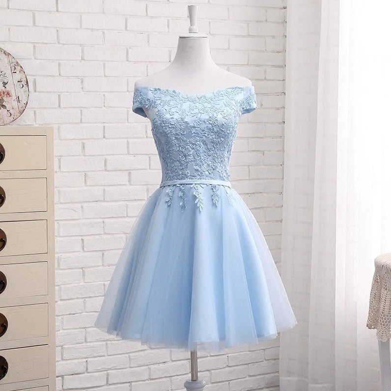 Aimishang Charming A Line Light Blue Off Shoulder Lace-up Short Formal Prom Dress Elegant Homecoming Dress with Appliques