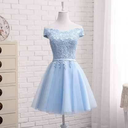 Aimishang Charming A Line Light Blue Off Shoulder Lace-up Short Formal Prom Dress Elegant Homecoming Dress with Appliques