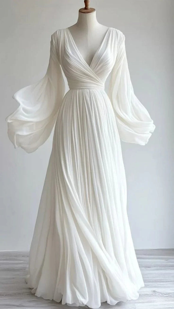 Aimishang Charming A Line Long Sleeves V Neck Pleated Party Evening Gown Elegant Formal Prom Dress for Women