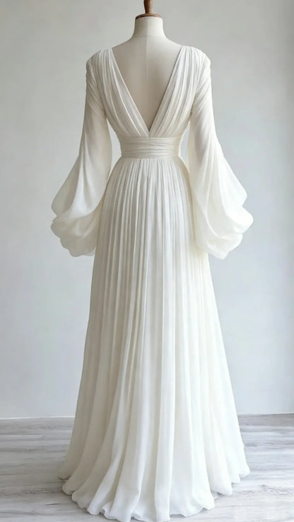 Aimishang Charming A Line Long Sleeves V Neck Pleated Party Evening Gown Elegant Formal Prom Dress for Women
