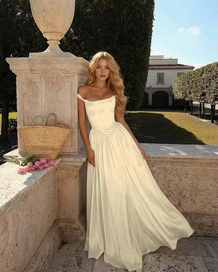 Aimishang Charming A Line Off the Shoulder Satin Long Wedding Guest Dress Elegant Party Evening Gown