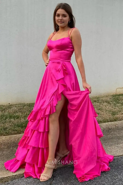 Aimishang Charming A Line Ruffle Tiered Sleeveless Long Formal Prom Dress Elegant Evening Party Dress With Slit