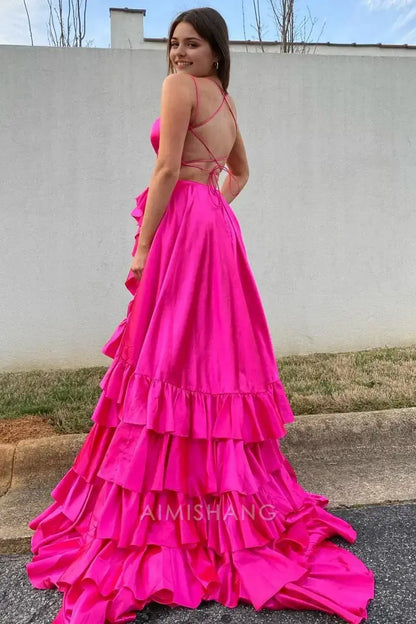 Aimishang Charming A Line Ruffle Tiered Sleeveless Long Formal Prom Dress Elegant Evening Party Dress With Slit