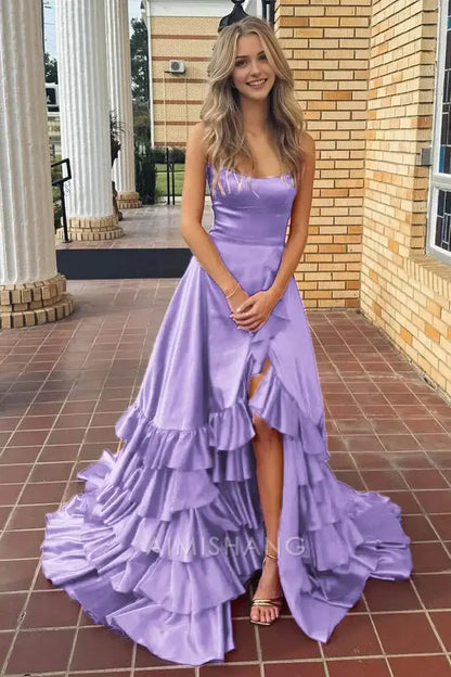 Aimishang Charming A Line Ruffle Tiered Sleeveless Long Formal Prom Dress Elegant Evening Party Dress With Slit
