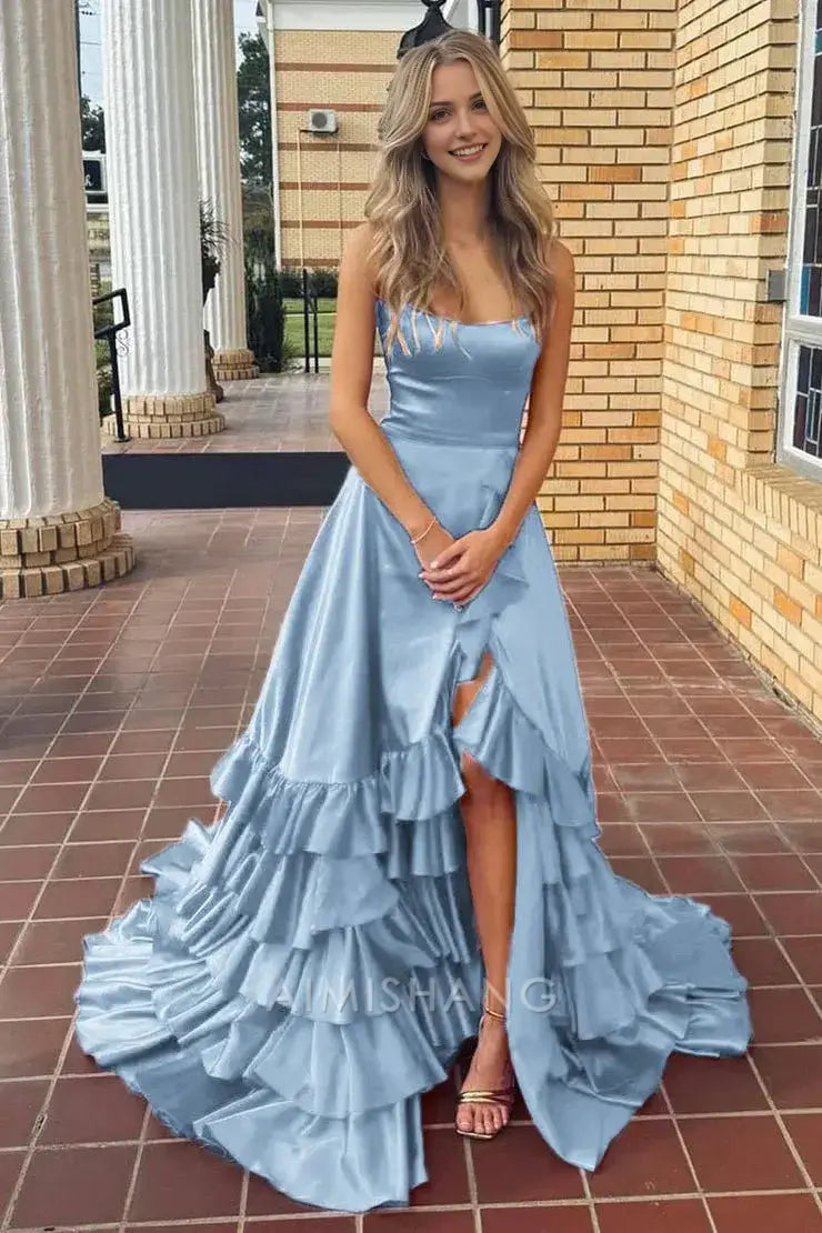 Aimishang Charming A Line Ruffle Tiered Sleeveless Long Formal Prom Dress Elegant Evening Party Dress With Slit