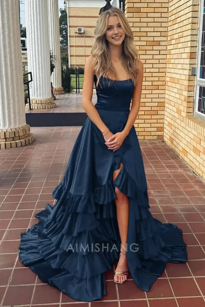 Aimishang Charming A Line Ruffle Tiered Sleeveless Long Formal Prom Dress Elegant Evening Party Dress With Slit