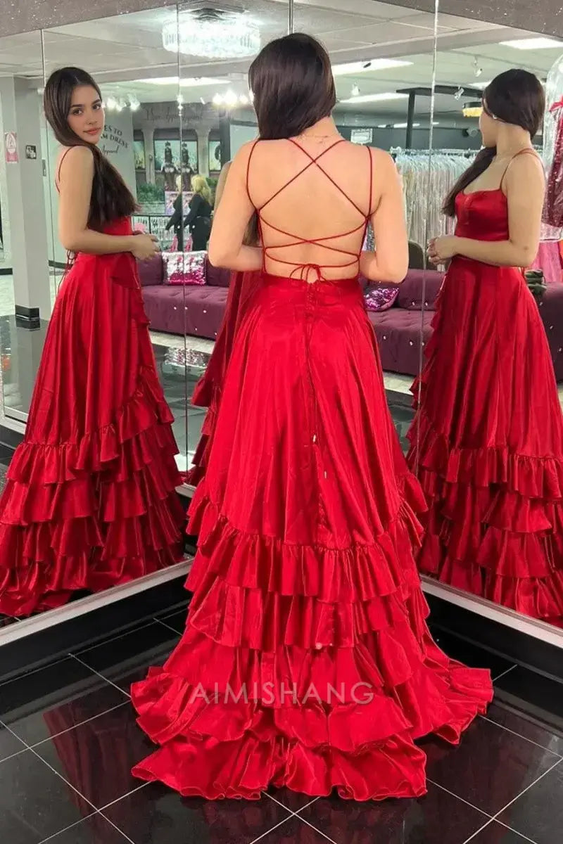 Aimishang Charming A Line Ruffle Tiered Sleeveless Long Formal Prom Dress Elegant Evening Party Dress With Slit