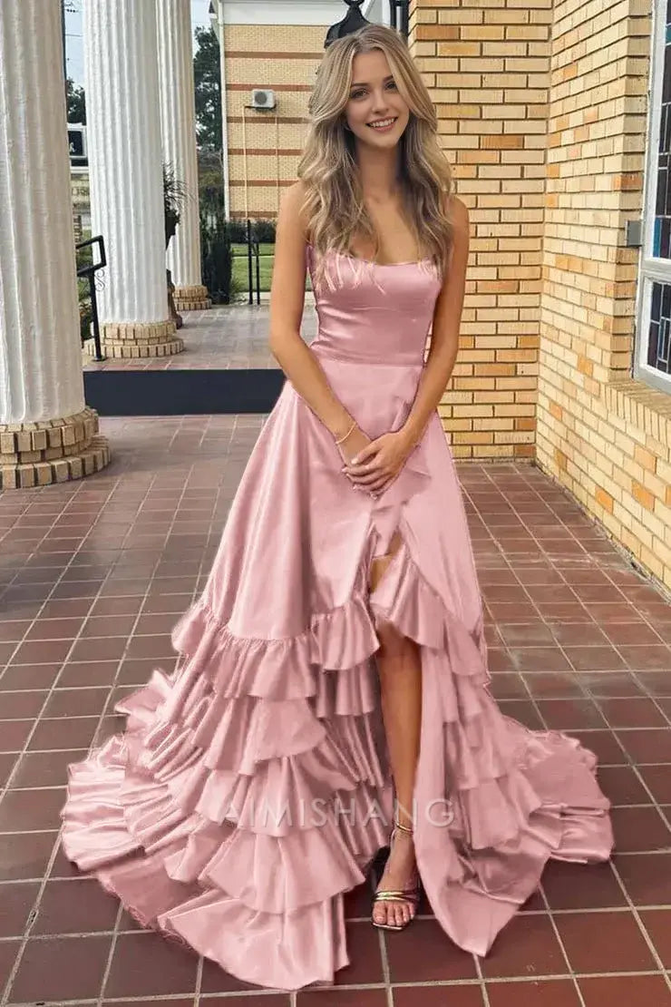 Aimishang Charming A Line Ruffle Tiered Sleeveless Long Formal Prom Dress Elegant Evening Party Dress With Slit