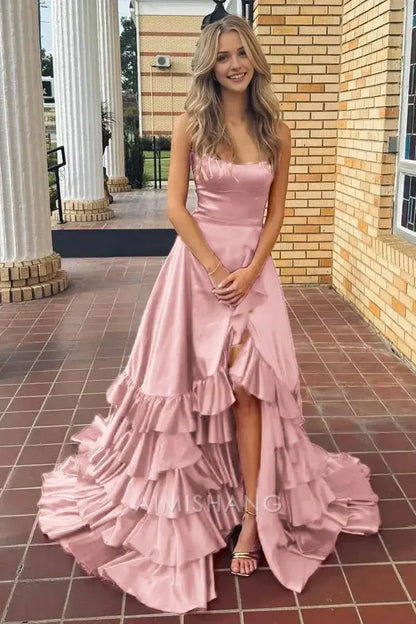 Aimishang Charming A Line Ruffle Tiered Sleeveless Long Formal Prom Dress Elegant Evening Party Dress With Slit