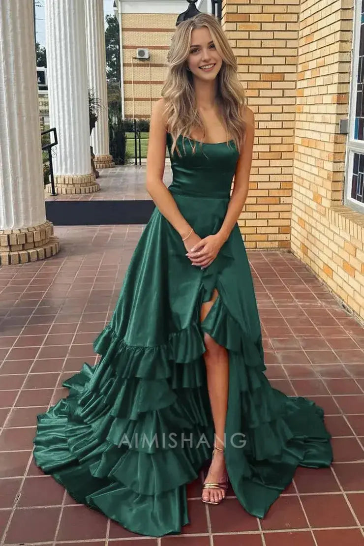 Aimishang Charming A Line Ruffle Tiered Sleeveless Long Formal Prom Dress Elegant Evening Party Dress With Slit