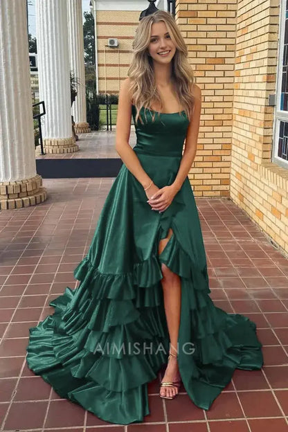 Aimishang Charming A Line Ruffle Tiered Sleeveless Long Formal Prom Dress Elegant Evening Party Dress With Slit
