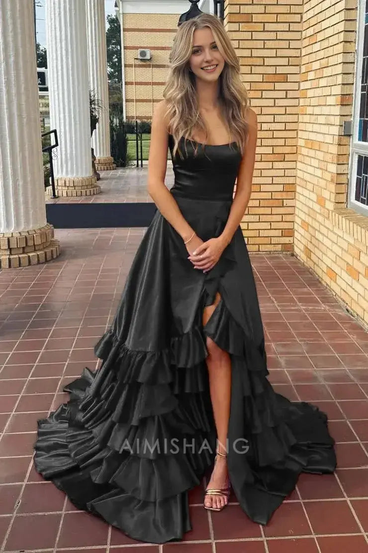 Aimishang Charming A Line Ruffle Tiered Sleeveless Long Formal Prom Dress Elegant Evening Party Dress With Slit