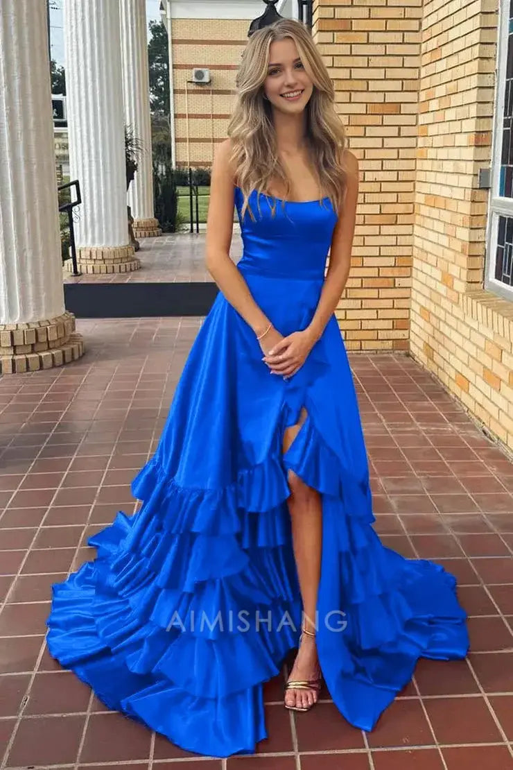Aimishang Charming A Line Ruffle Tiered Sleeveless Long Formal Prom Dress Elegant Evening Party Dress With Slit