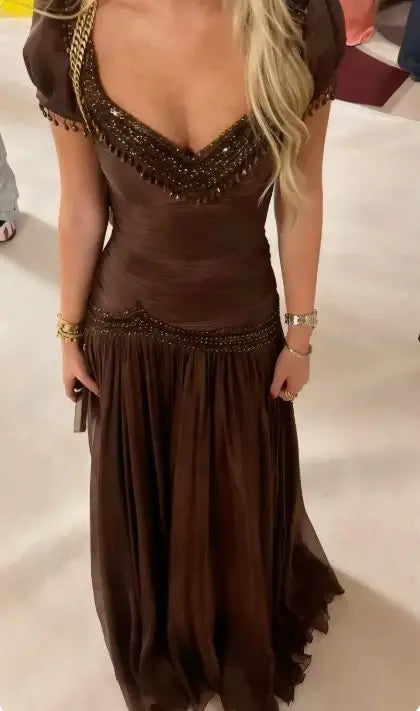 Aimishang Charming A Line Short Sleeves Beaded Evening Party Dress Elegant Long Formal Prom Dress