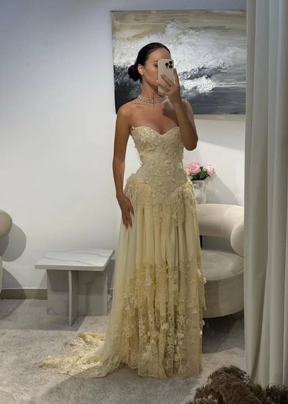 Aimishang Charming A Line Sleeveless Sweetheart Neck Long Formal Prom Dress With Lace Appliques