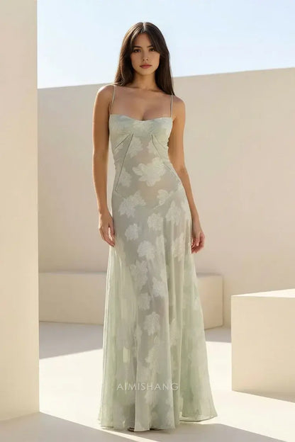 Aimishang Charming A Line Spaghetti Straps Floral Maxi Dress Lovely Graduation Dress Elegant Party Evening Gowns Sleeveless Long Formal Prom Dress