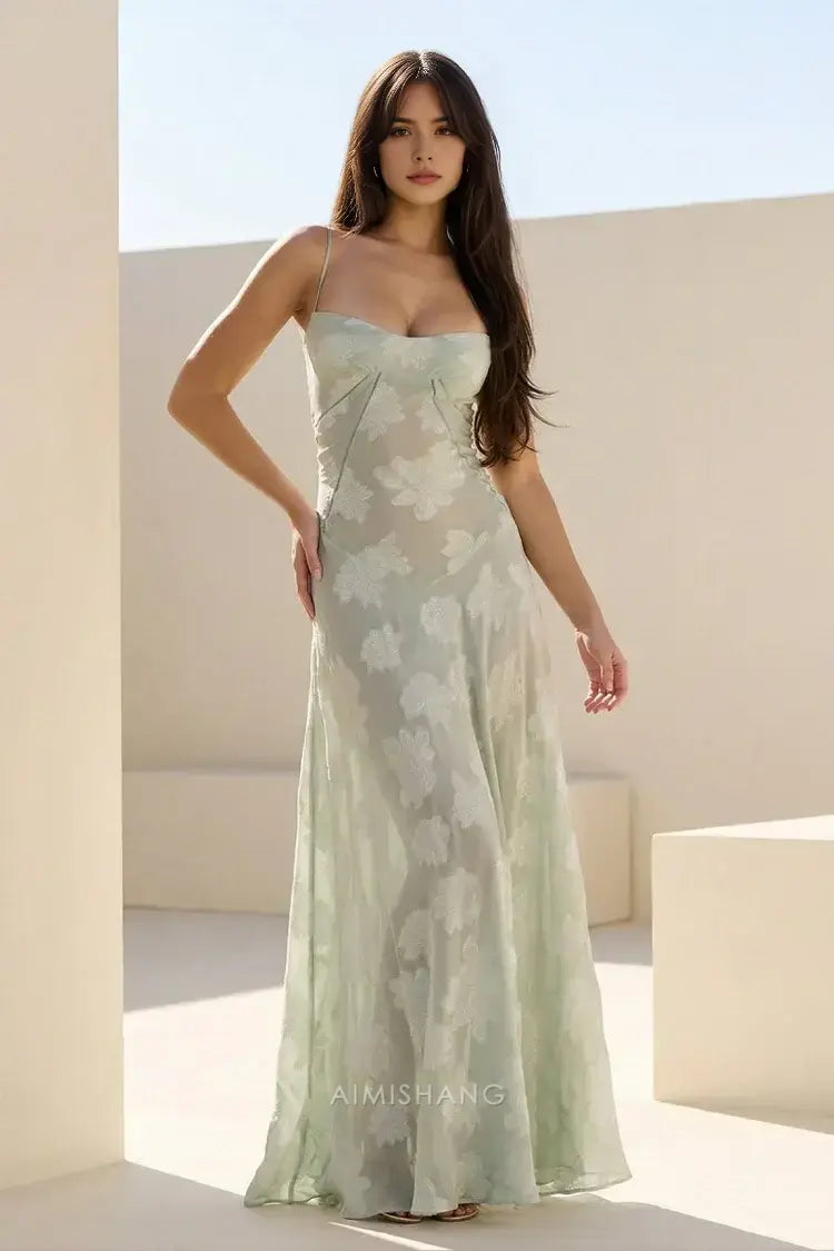 Aimishang Charming A Line Spaghetti Straps Floral Maxi Dress Lovely Graduation Dress Elegant Party Evening Gowns Sleeveless Long Formal Prom Dress