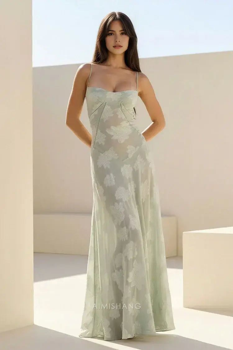 Aimishang Charming A Line Spaghetti Straps Floral Maxi Dress Lovely Graduation Dress Elegant Party Evening Gowns Sleeveless Long Formal Prom Dress