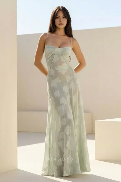 Aimishang Charming A Line Spaghetti Straps Floral Maxi Dress Lovely Graduation Dress Elegant Party Evening Gowns Sleeveless Long Formal Prom Dress