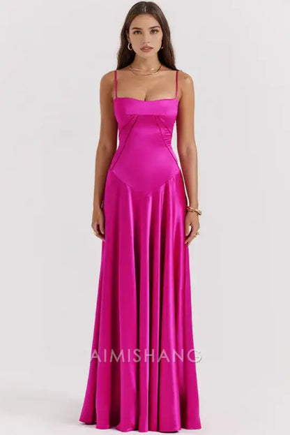 Aimishang Charming A Line Spaghetti Straps Satin Long Formal Prom Dress Elegant Evening Party Dress