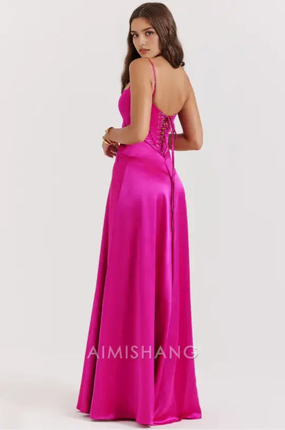 Aimishang Charming A Line Spaghetti Straps Satin Long Formal Prom Dress Elegant Evening Party Dress