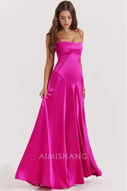 Aimishang Charming A Line Spaghetti Straps Satin Long Formal Prom Dress Elegant Evening Party Dress
