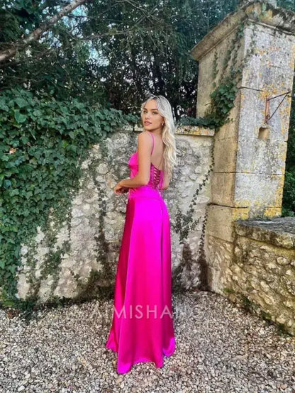 Aimishang Charming A Line Spaghetti Straps Satin Long Formal Prom Dress Elegant Evening Party Dress