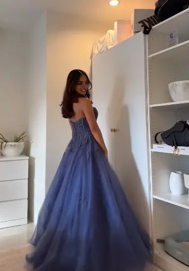 Aimishang Charming A Line Strapless Long Formal Prom Dress Elegant Party Evening Gown with Appliques