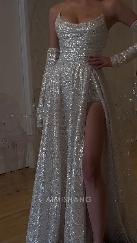 Aimishang Charming A Line Strapless Sequins Long Formal Prom Dress Sparkly Evening Party Gowns Sexy Graduation Dress with Split