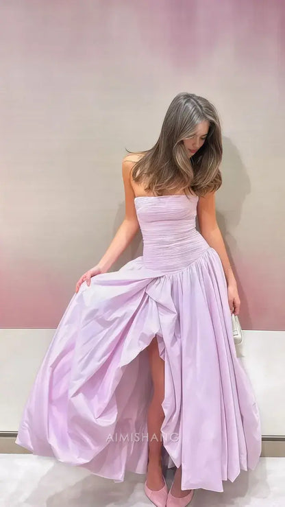 Aimishang Charming A Line Strapless Sleeveless Long Formal Prom Dress Elegant Party Evening Gowns Pretty Graduation Wedding Guest Dress With Slit